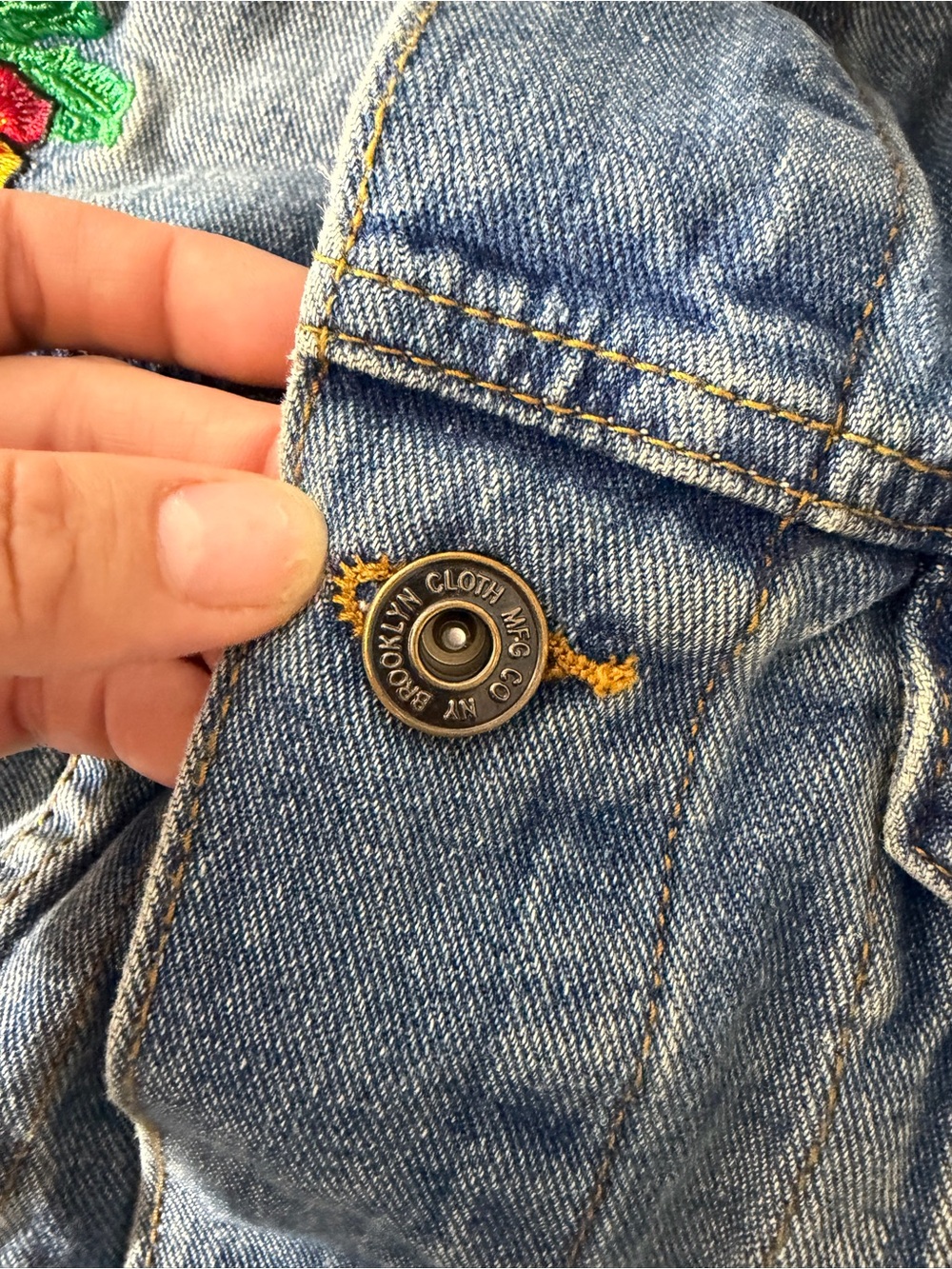 Brooklyn Cloth Light Blue Denim Jacket with Multicolor Patch Accents - Picture 8 of 10